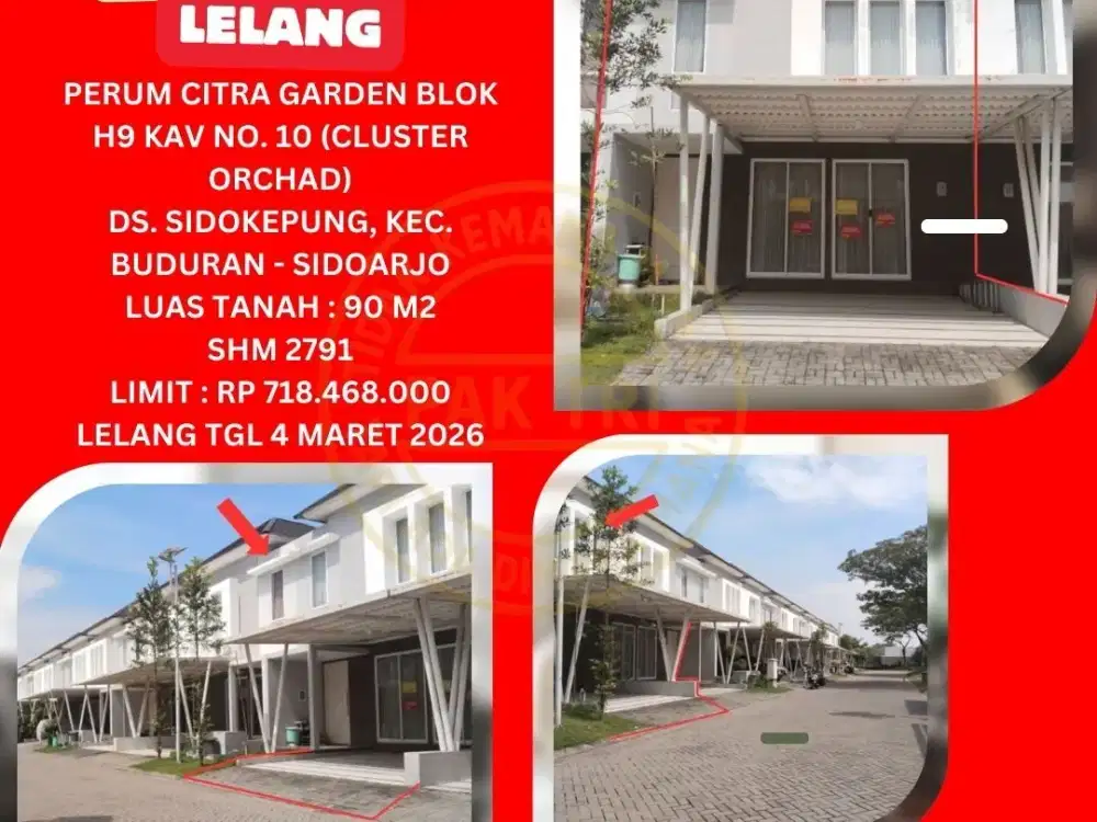 JUAL RUMAH LELANG BANK DI SIDOARJO (CITRA GARDEN – CLUSTER ORCHAD) : LELANG KPKNL