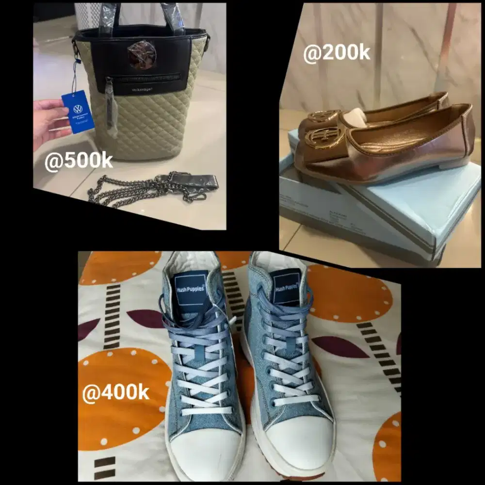 tas impor dan sepatu santai, kondisi baru semua.