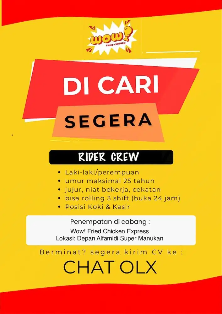 DICARI RIDER CREW LAKI-LAKI & KASIR COWO LOKASI MANUKAN