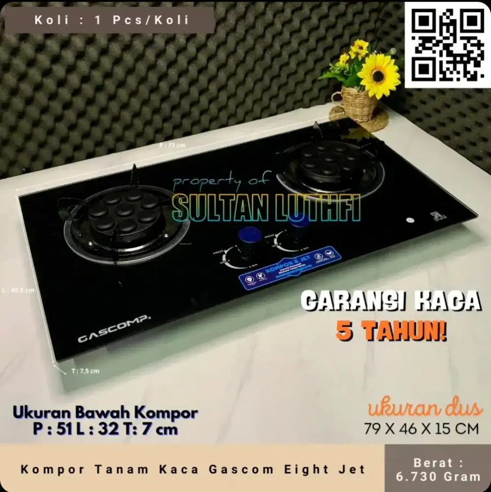 Kompor Tanam Kaca Gascom Eight Jet5