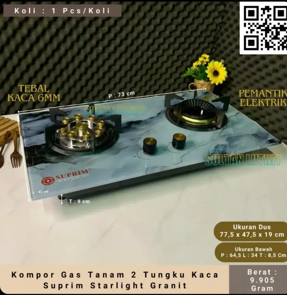 Kompor Gas Tanam 2 Tungku Kaca Suprim Starlight Granit