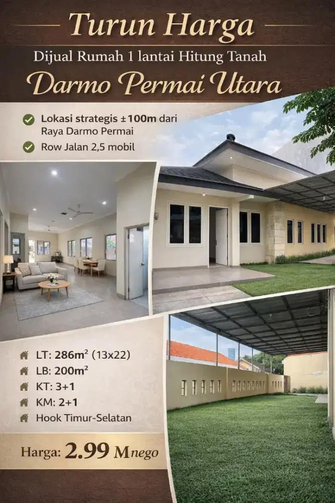 Dijual Rumah 1 Lantai Hitung Tanah Darmo Permai Utara