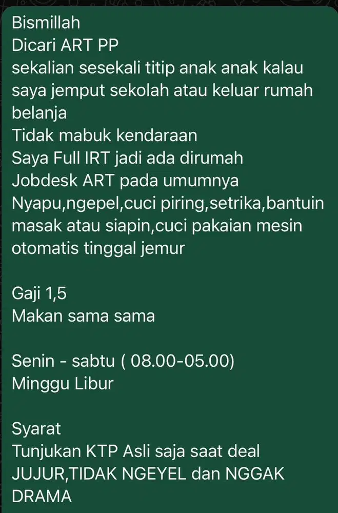 Lowongan kerja ART Pulang Pergi