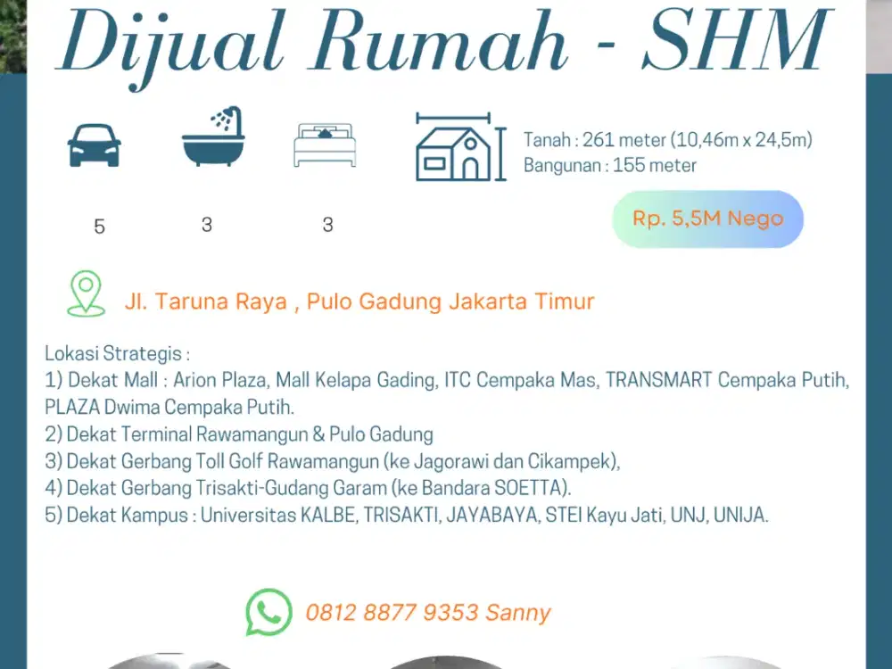 Rumah SHM 261m di Jl. Taruna Pulo Gadung, Jakarta Timur