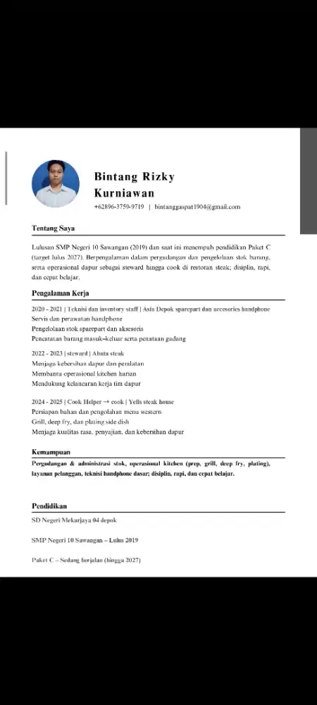 Pengalaman inventory staff, cook Helper, cook