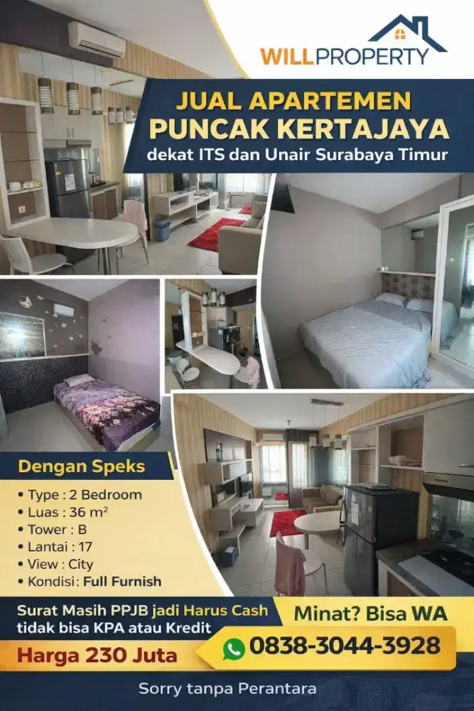Apartemen Puncak Kertajaya 2BR Furnish dkt Merr,Unair,ITS,Araya,Manyar