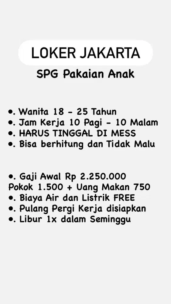 SPG Pakaian ANAK JAKARTA WAJIB MESS
