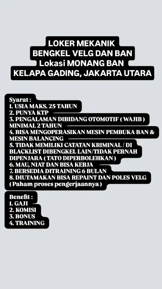 Lowongan Mekanik bengkel velg