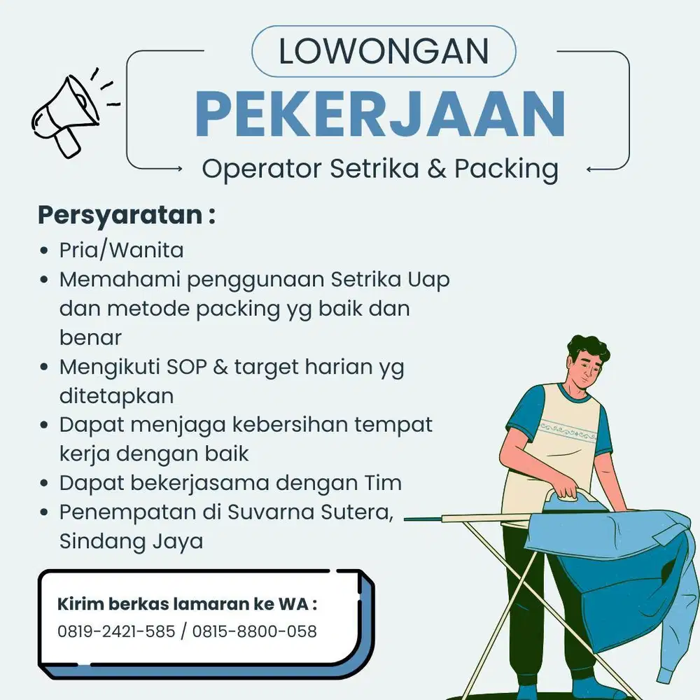 Lowongan Laundry Setrika & Packing Berpengalaman