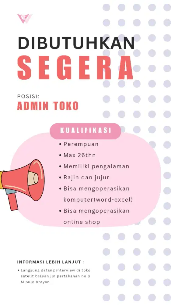 Di butuhkan cepat admin toko