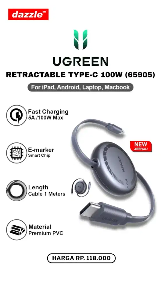 UGREEN TYPE C TO TYPE C RETRACHABLE 100W (65905)