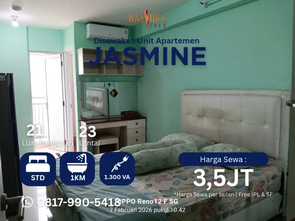 Sewa studio furnished tower Jasmine ada water heater apartemen Bassura City