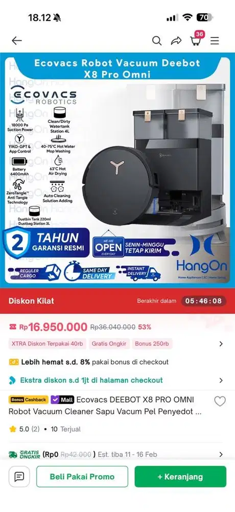 Ecovacs DEEBOT x8 PRO OMNI Robot Vacum Cleaner Sapu & Pel