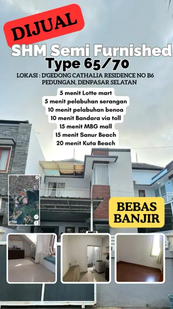 Jual Murah Rumah Semi Furnished type 65/70 di Tengah Kota Denpasar