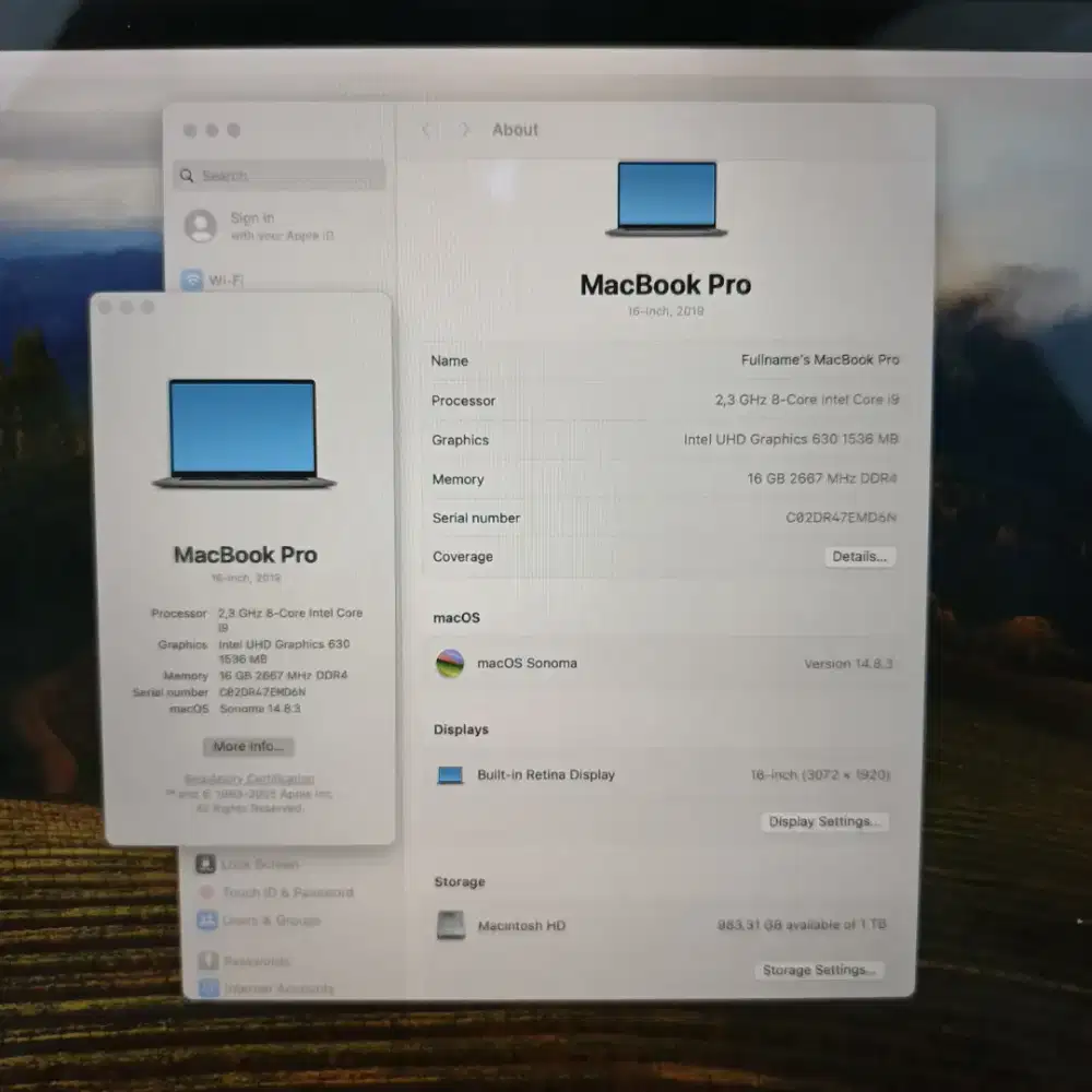 Macbook Pro 2019 Touchbar Ram 16 Ssd 1 Tb Core I9 Layar 13 inch grey