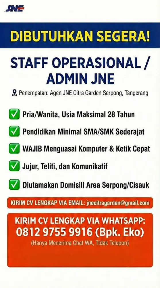 Lowongan Kerja Front Staff JNE / Admin Sales Counter