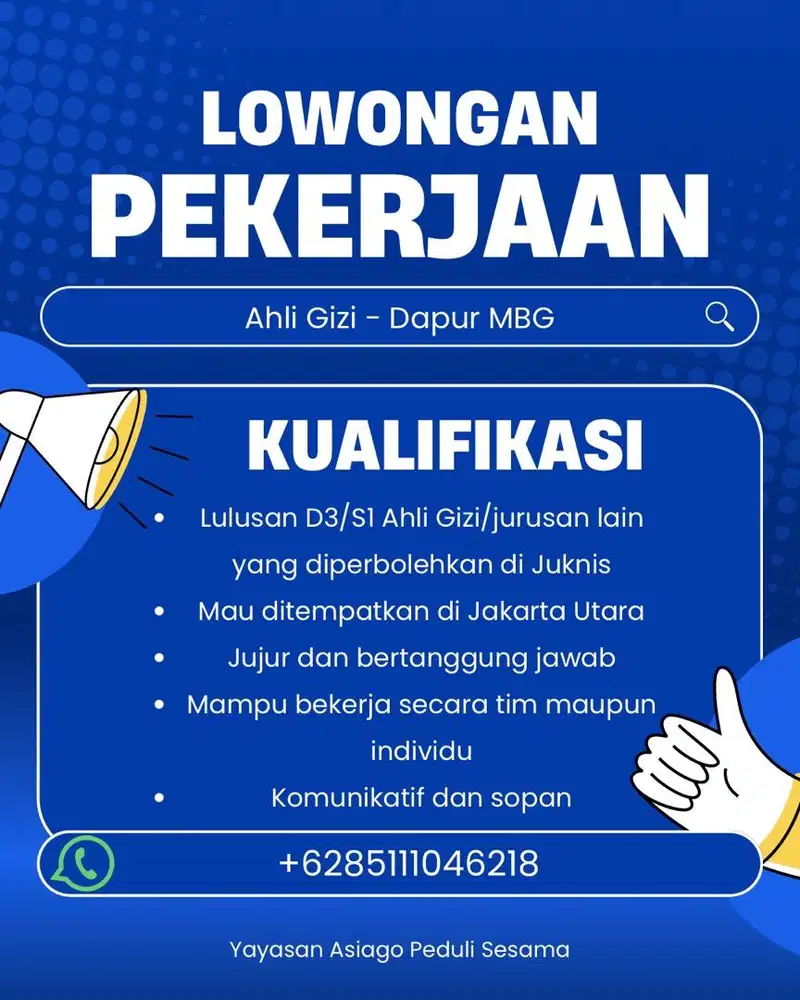 Dibutuhkan segera AHLI GIZI