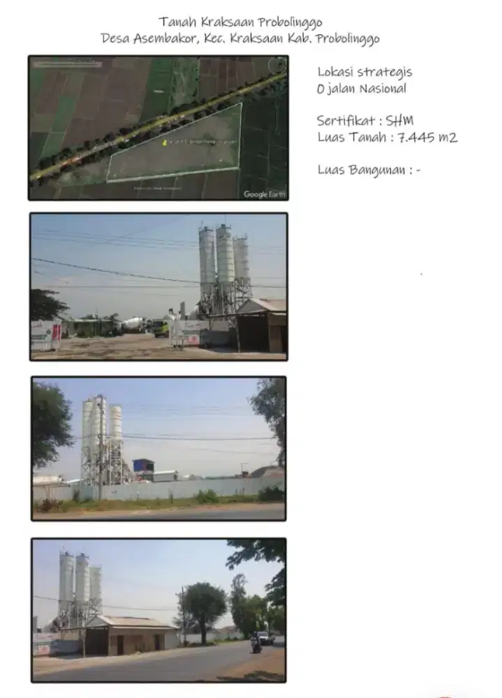 Dijual Tanah Raya Kraksaan Probolinggo Lebar 70m SHM