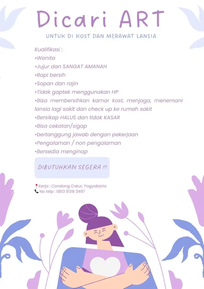 Dicari segera Asisten Rumah Tangga dan momong lansia perempuan