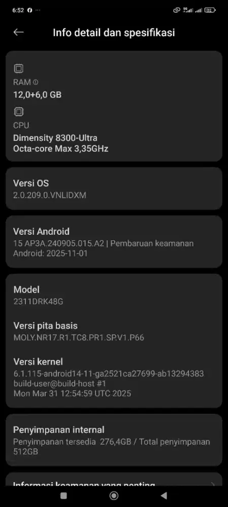 Poco X6 pro 5G Ram 12GB penyimpanan 512 GB
