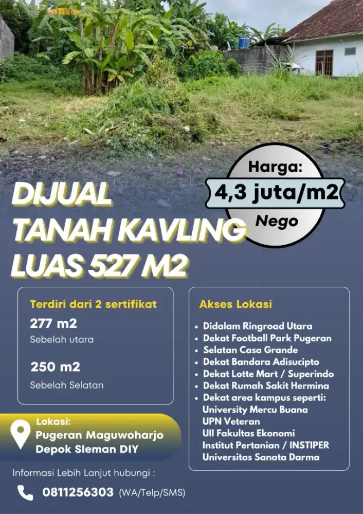 Tanah 50 m di Utara Foot Ball Park Pugeran 277 m2 dan 250 m2 sebelahan