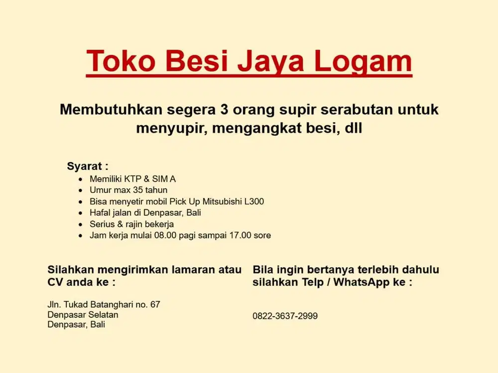 Lowongan Supir Serabutan di Toko Besi Jaya Logam