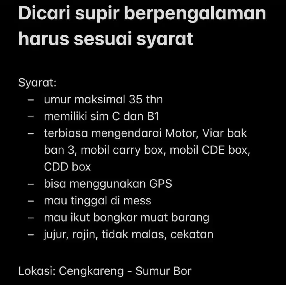 Dibutuhkan Supir Berpengalaman