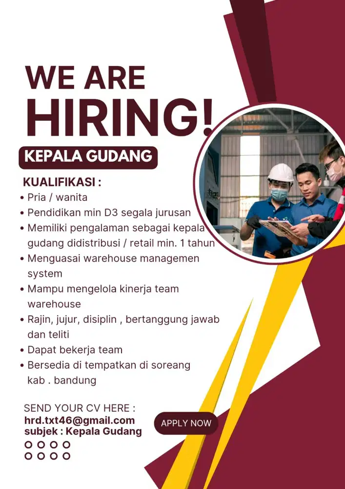 Dibutuhkan segera kepala gudang