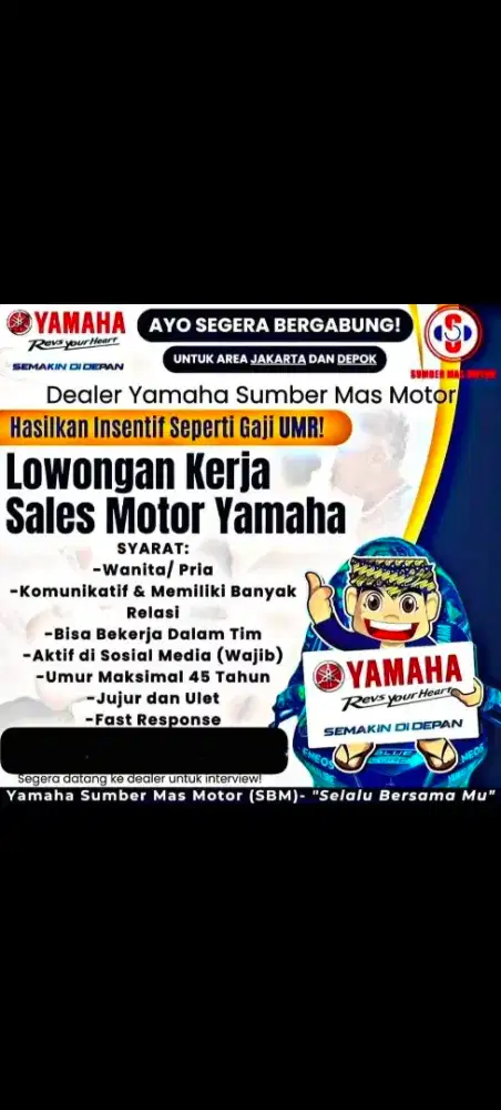 LOWONGAN KERJA SALES MOTOR DEALER YAMAHA SUMBER MAS MOTOR
