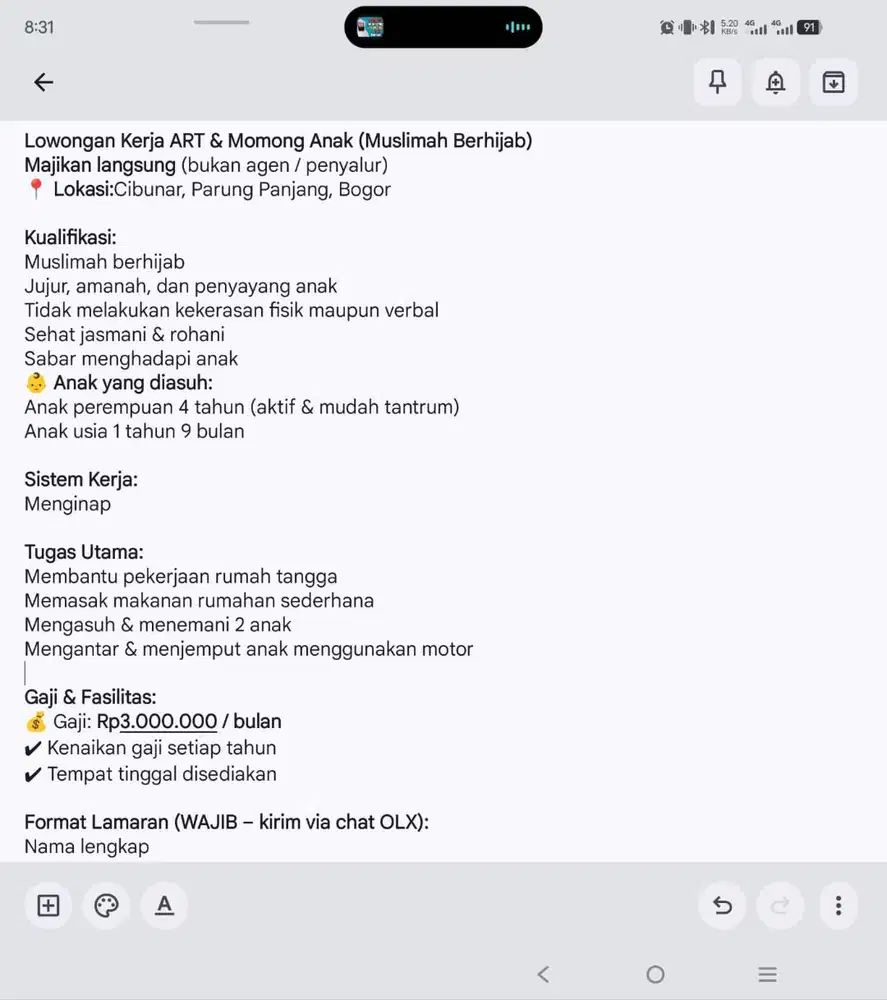 Lowongan Kerja ART & Momong Anak (Muslimah Berhijab)