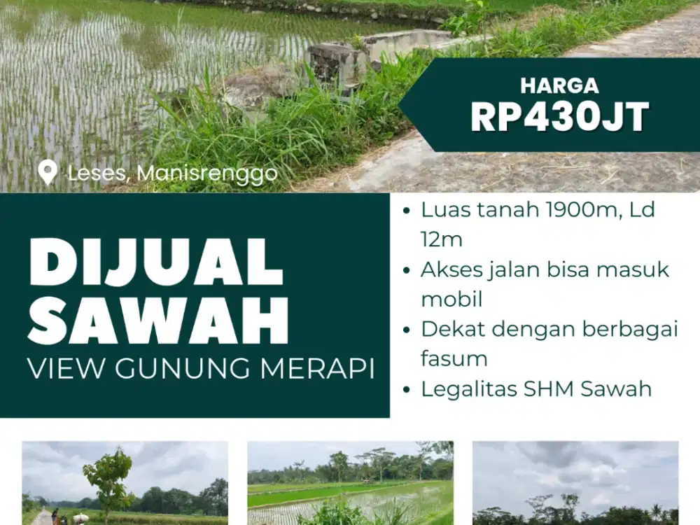 DIJUAL SAWAH MURAH DENGAN VIEW GUNUNG MERAPI