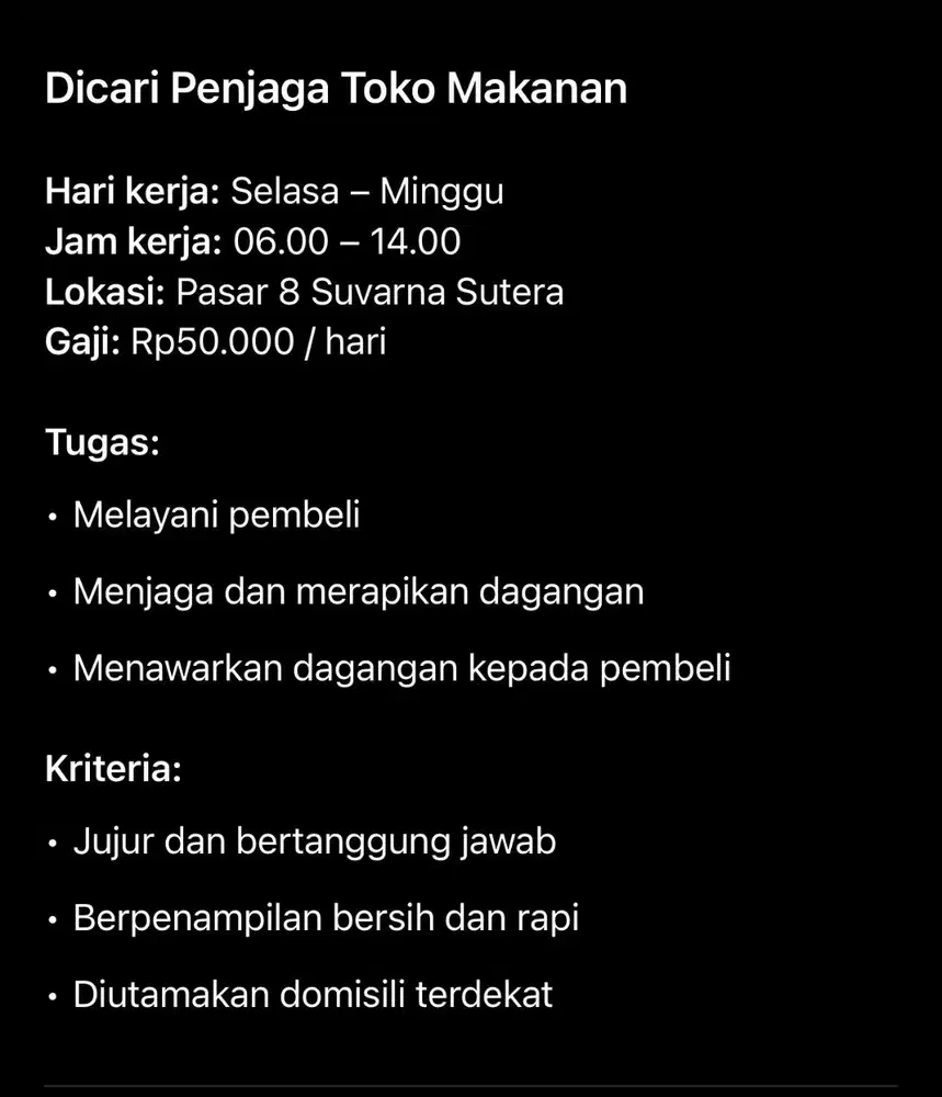 dicari penjaga toko makanan