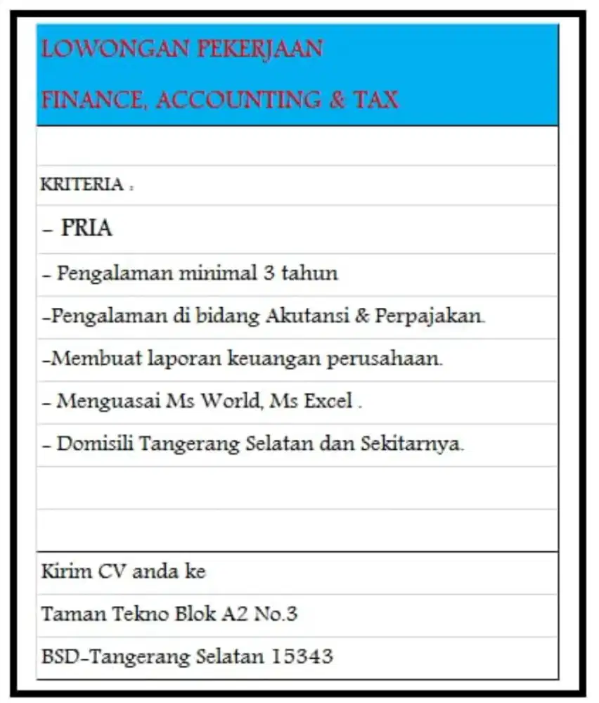 Lowongan Pekerjaan Finance,Accounting & Tax
