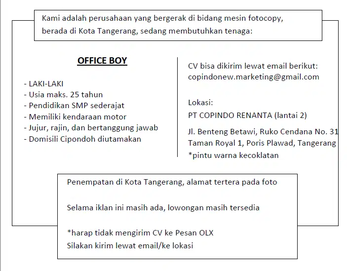 LOWONGAN OFFICE BOY TANGERANG KOTA