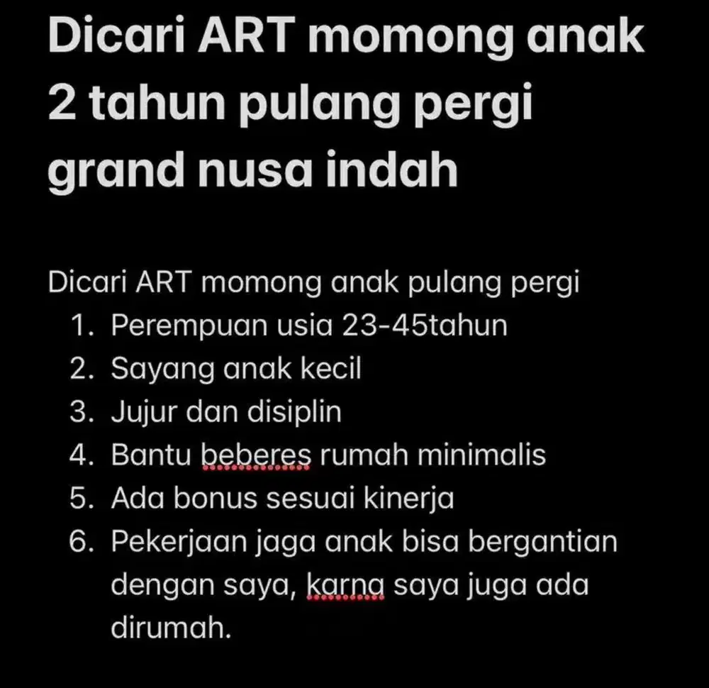 Dicari ART momong anak pulang pergi / PP grand nusa indah