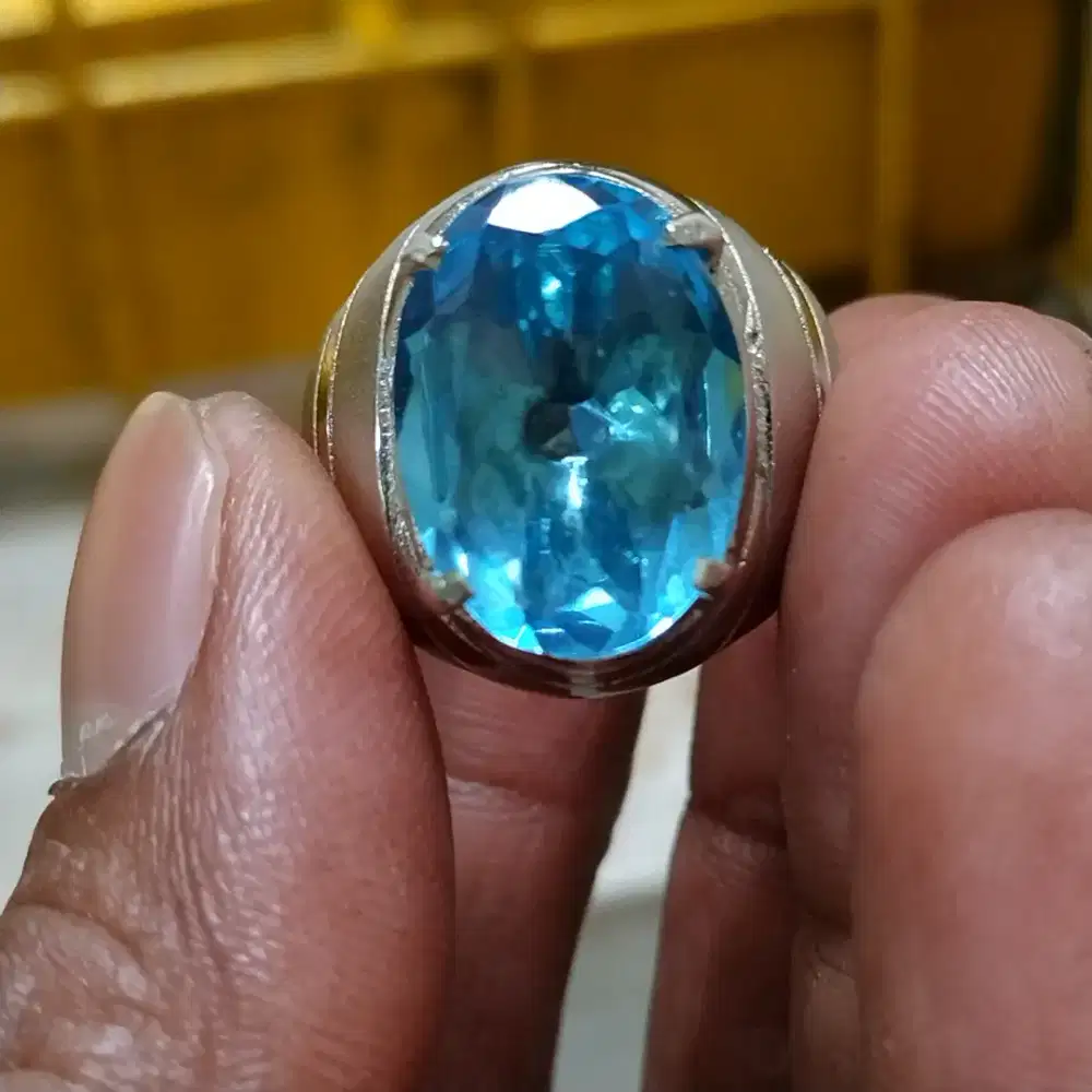 Cincin permata sky blue topaz kristal plus memo