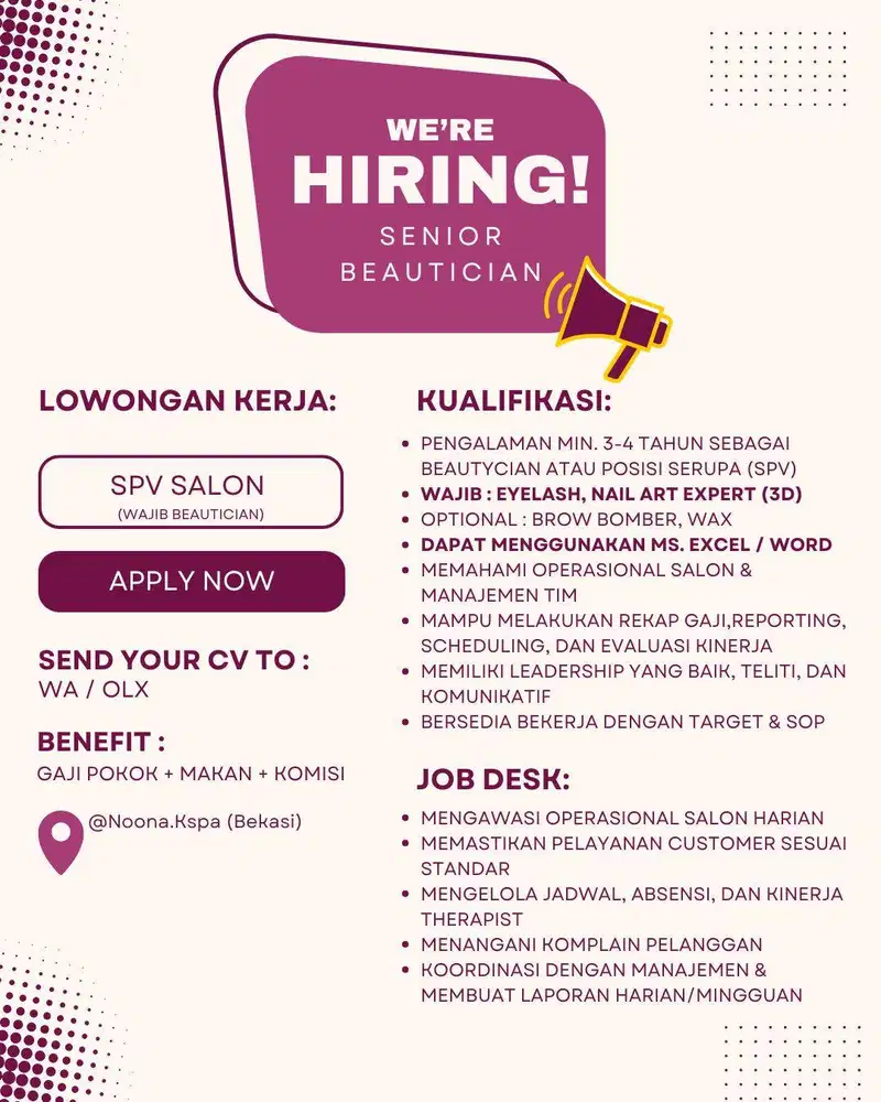 LOWONGAN KERJA SENIOR BEAUTICIAN EYELASH & NAIL ART