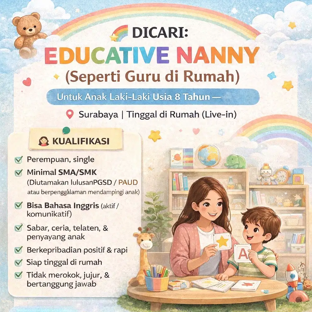 DICARI: EDUCATIVE NANNY (Seperti Guru di Rumah)