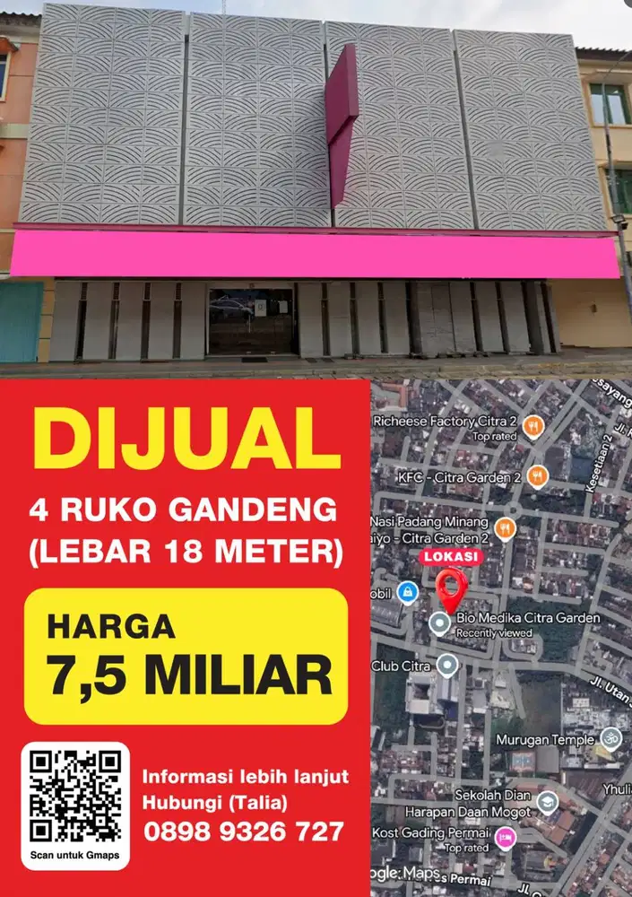 DIJUAL ! 4 Ruko Gandeng Lebar 18 Meter