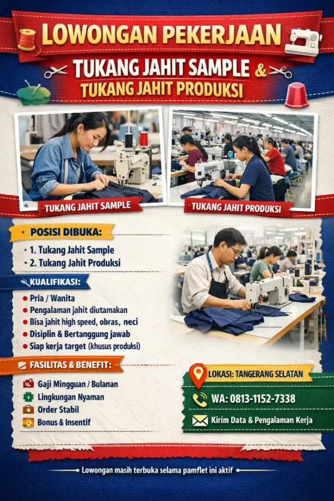 Dibutuhkan segera Tukang jahit Sample & Produksi