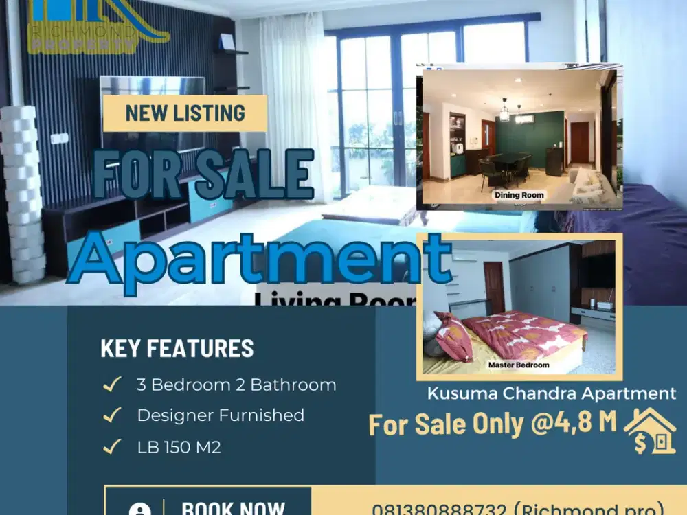 Apartemen Full Furnished mewah, Apartemen Kusuma Chandra, 3 Kamar Tidur