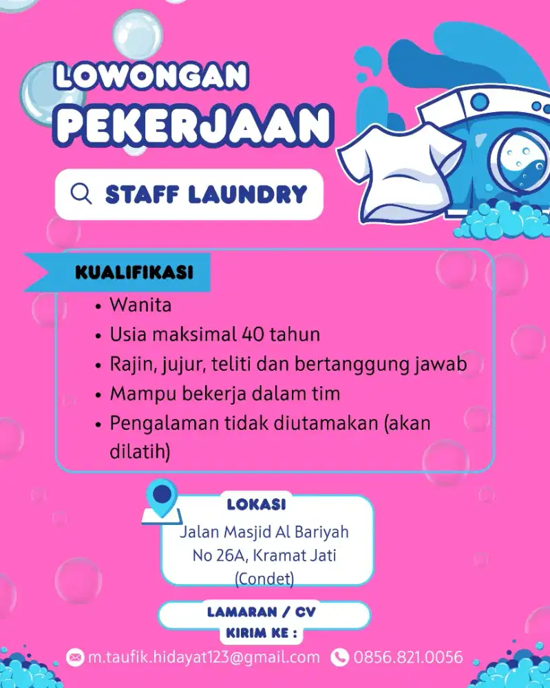 Loker / Dibutuhkan Karyawan Laundry di Kramat Jati/ Condet
