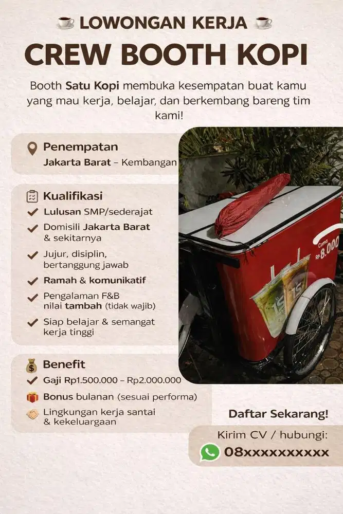 Lowongan kerja sebagai Crew kopi keliling (mangkal)