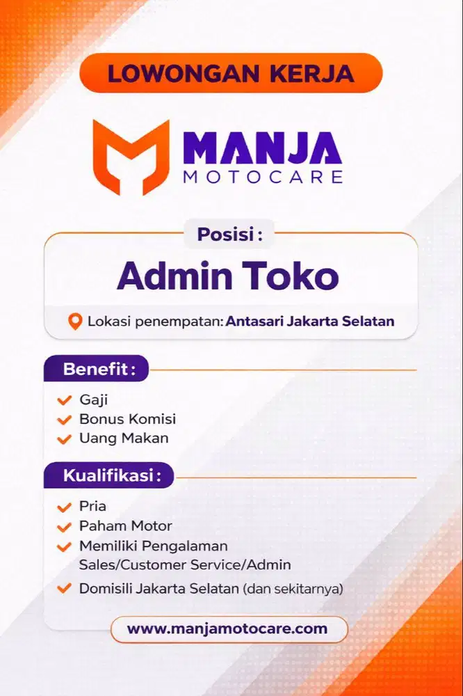 Lowongan Kerja Admin Toko Salon Motor Manja Motocare Jakarta Selatan