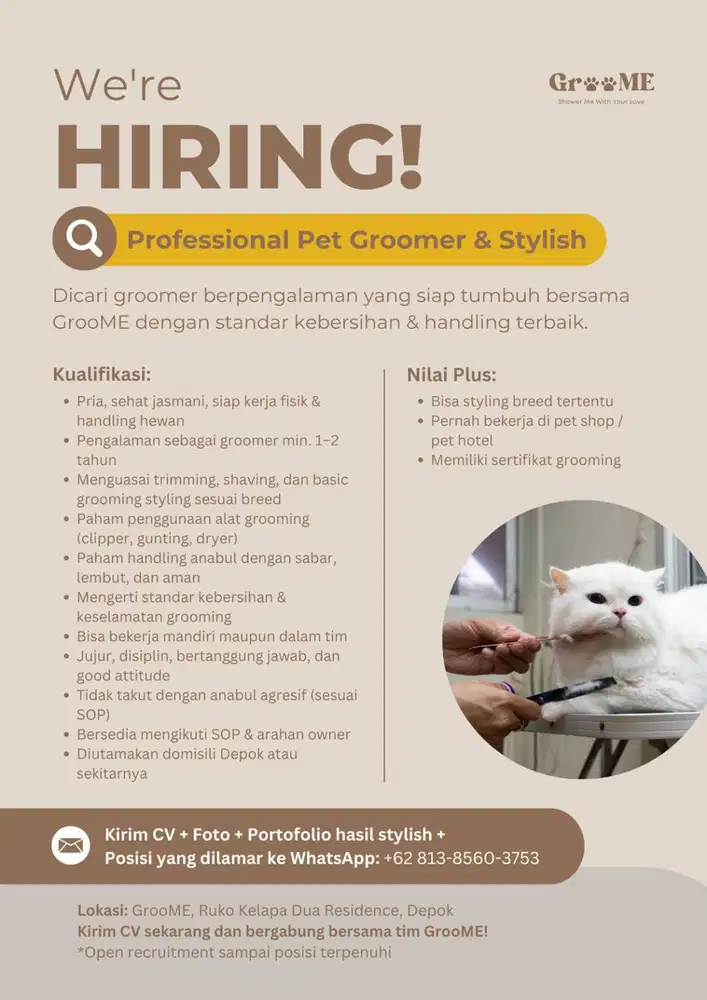 LOKER GROOMER STYLISH DAN ADMIN FINANCE