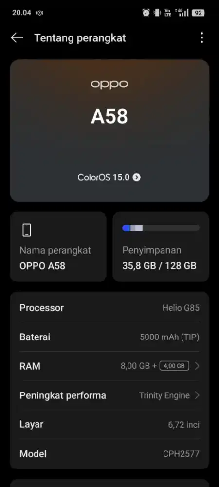 Dijual, Oppo A58 Ram 8+8/128