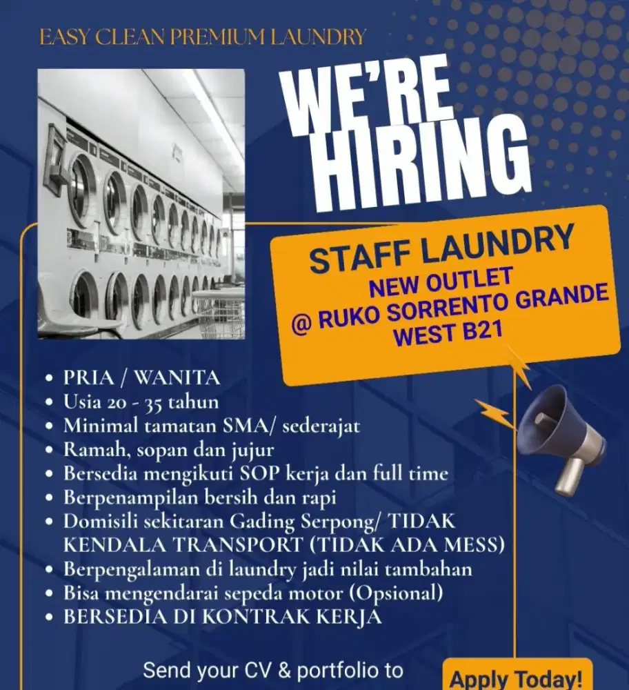 Lowongan kerja Staff Laundry (Cabang Baru)