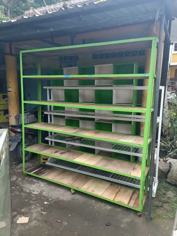 rak gudang bahan besi tebal kuat papan kayu mahoni