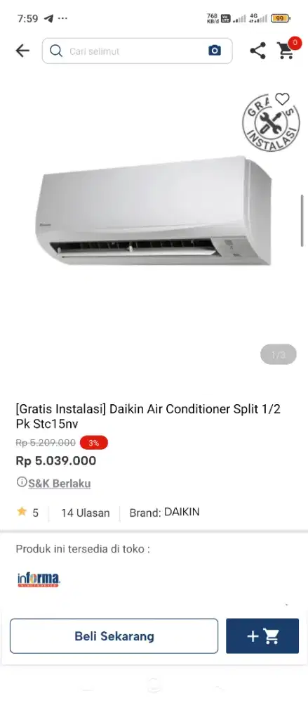 AC DAIKIN 1/2 PK Gratis installasi Bisa Cicilan tanpa dp