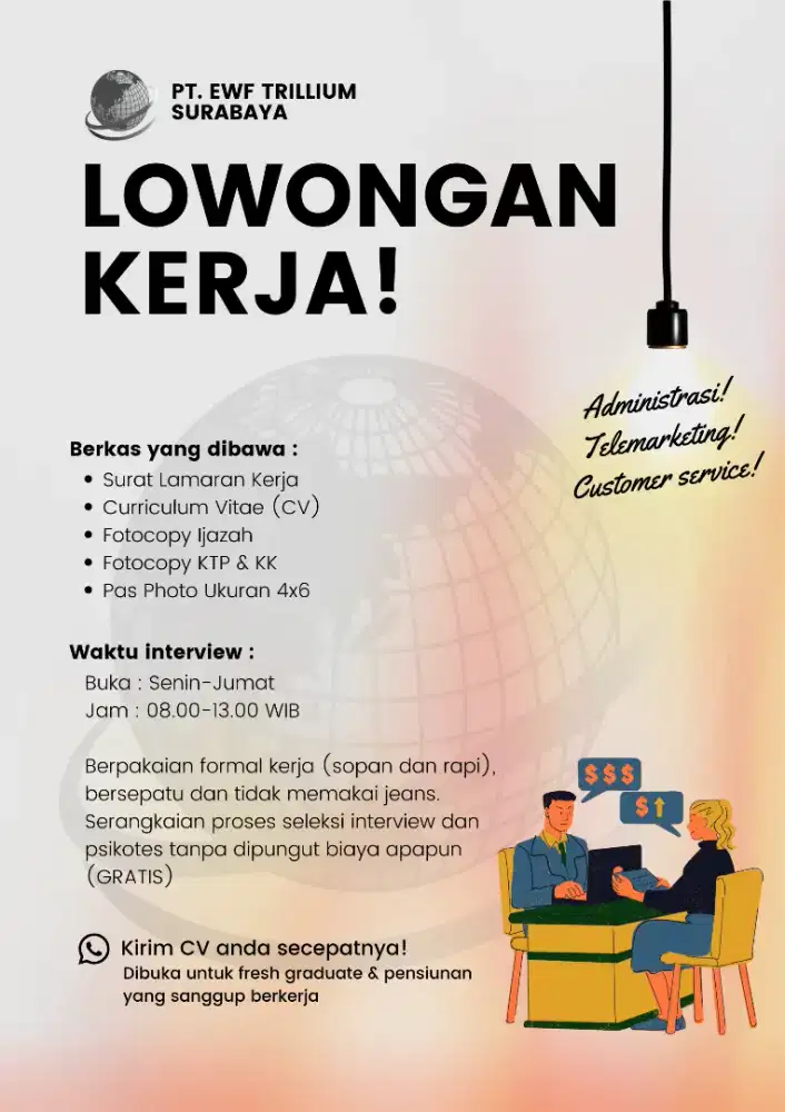 BUTUH KARYAWAN KANTORAN DIBUKA FRESH GRADUATE (PENSIUNAN) GAJI 4,5 JT!